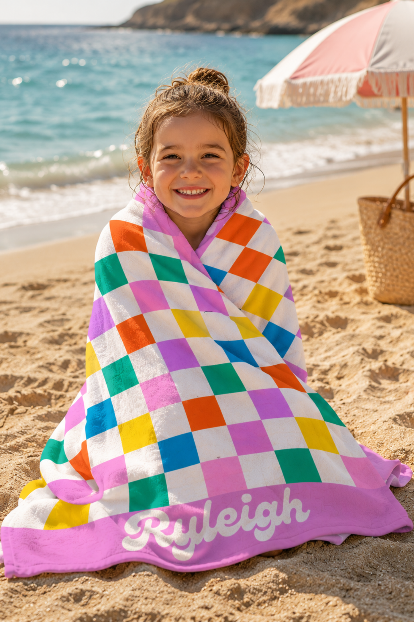 Colorful Checkerboard Pattern Personalized Beach Towel | Pink Border, Retro Squares