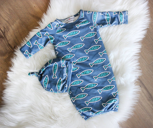 Blue Fish Baby Gown: 0-3 Months