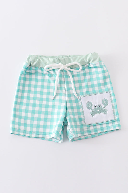 Green Embroidery Boy Swim Trunks