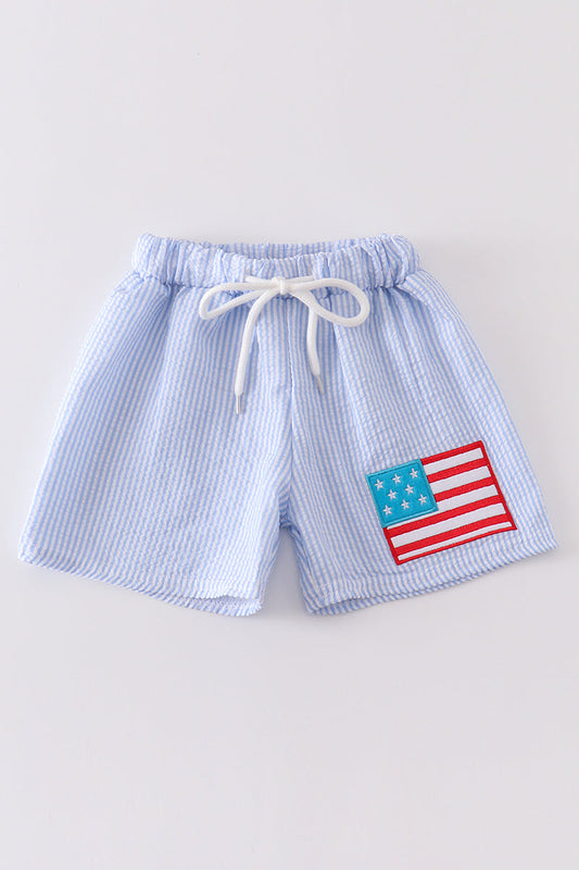 Patriotic Flag Seersucker Embroidery Boy Swim Trunks