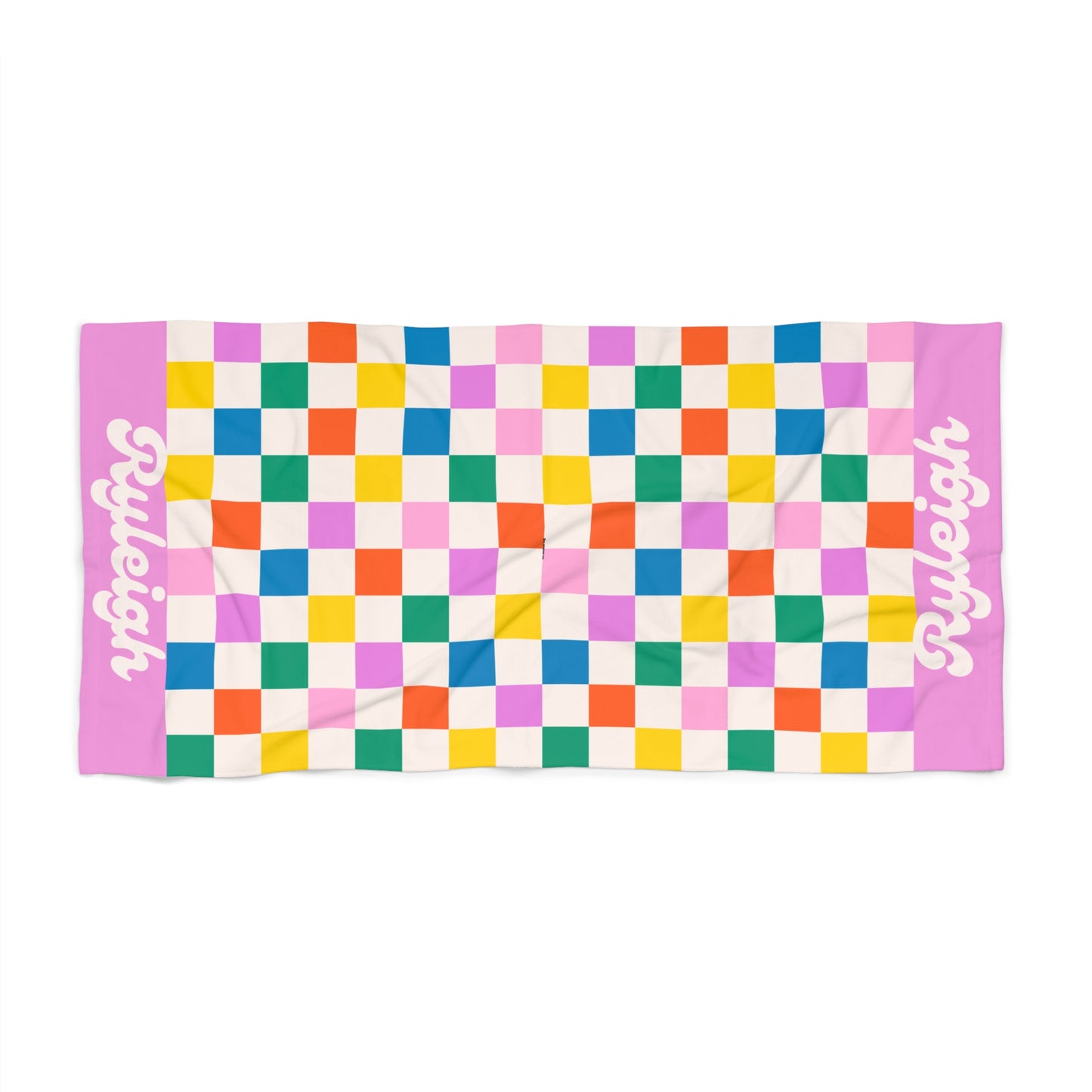 Colorful Checkerboard Pattern Personalized Beach Towel | Pink Border, Retro Squares