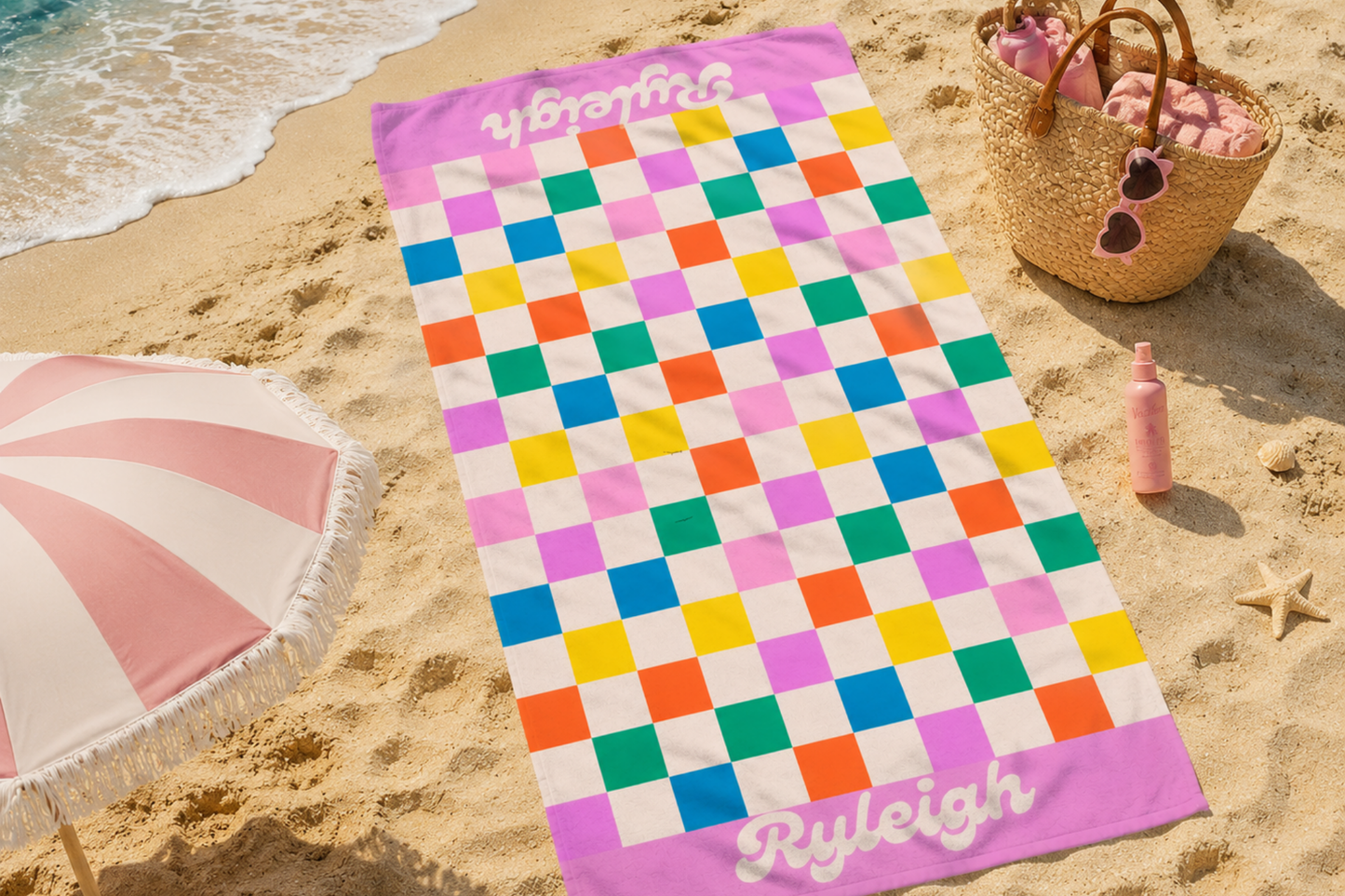Colorful Checkerboard Pattern Personalized Beach Towel | Pink Border, Retro Squares