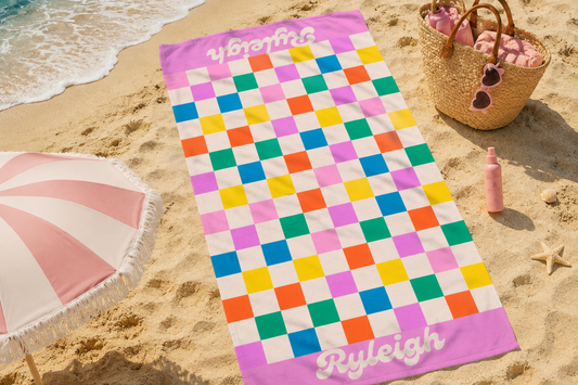 Colorful Checkerboard Pattern Personalized Beach Towel | Pink Border, Retro Squares