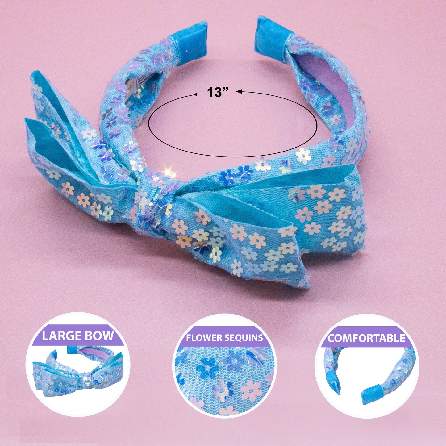 Big Bow Headband - Double Layer Sequin: Blue
