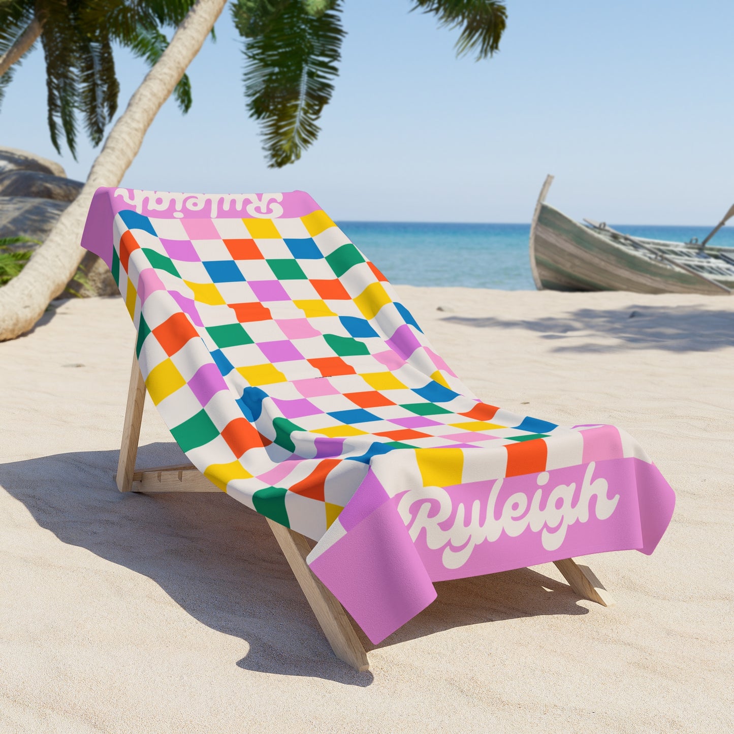 Colorful Checkerboard Pattern Personalized Beach Towel | Pink Border, Retro Squares