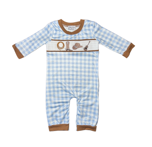 Blue Western Embroidery Gingham Boy Romper
