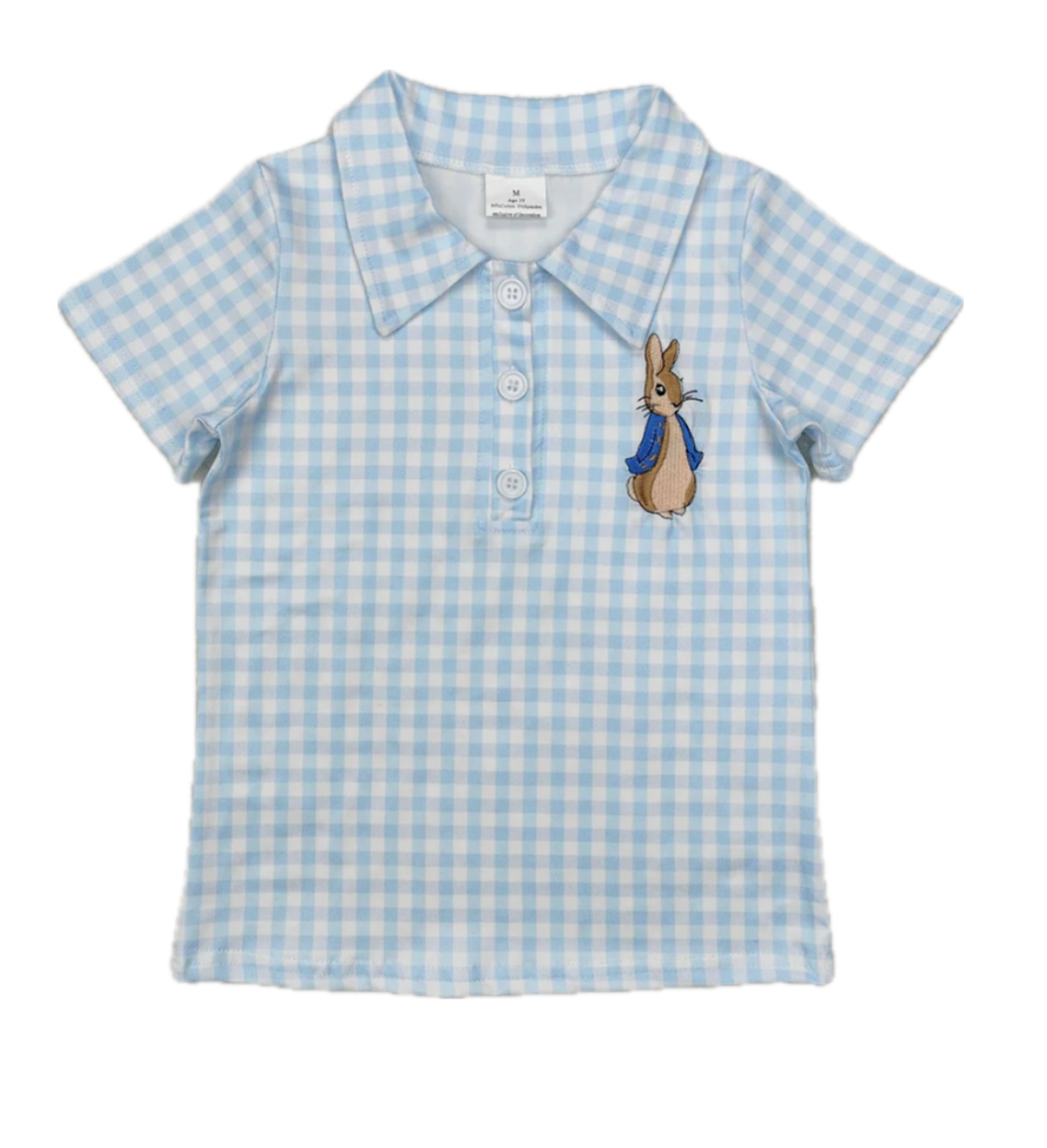 Blue Plaid Rabbit Embroidery Polo
